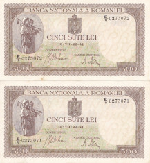 ROMANIA 2 X 500 LEI IULIE 1941 XF+ CONSECUTIVE foto