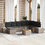 Set canapea grădină , 9 piese, cu perne, gri, ratan polipropilenă, lemn de acacia