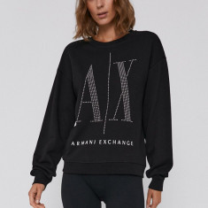 Armani Exchange hanorac de bumbac femei, culoarea negru, cu imprimeu