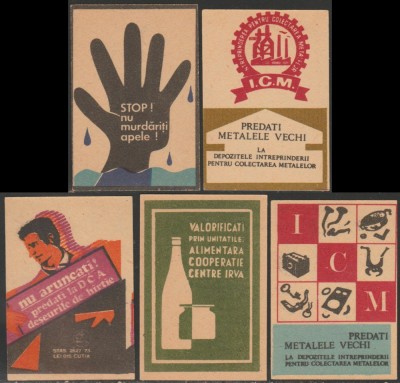 1967-1974 Romania - Set 5 etichete de chibrituri romanesti Reciclare si ecologie foto