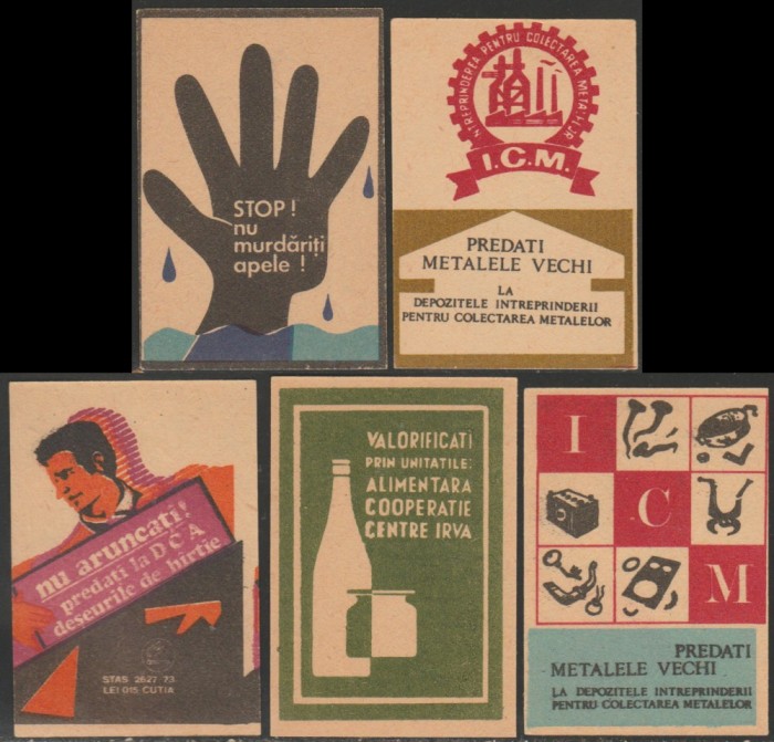 1967-1974 Romania - Set 5 etichete de chibrituri romanesti Reciclare si ecologie