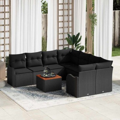 vidaXL Set de canapea pentru grădină 9 pcs Negru Mare Rattan, Lemn foto
