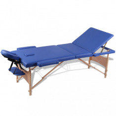 Masă masaj pliabilă, 3 zone, albastru, cadru de lemn