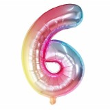 Balon din Folie Metalizata, Figurina Cifra, Tema Aniversare 40 cm, Ambalaj Individual, Pai inclus, Umflare cu Aer sau Heliu, Multicolor, Cifra 6