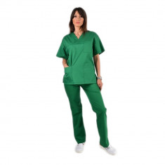 Costum medical verde, cu bluza cu anchior in forma V, trei buzunare aplicate si pantaloni verde cu elastic XS foto