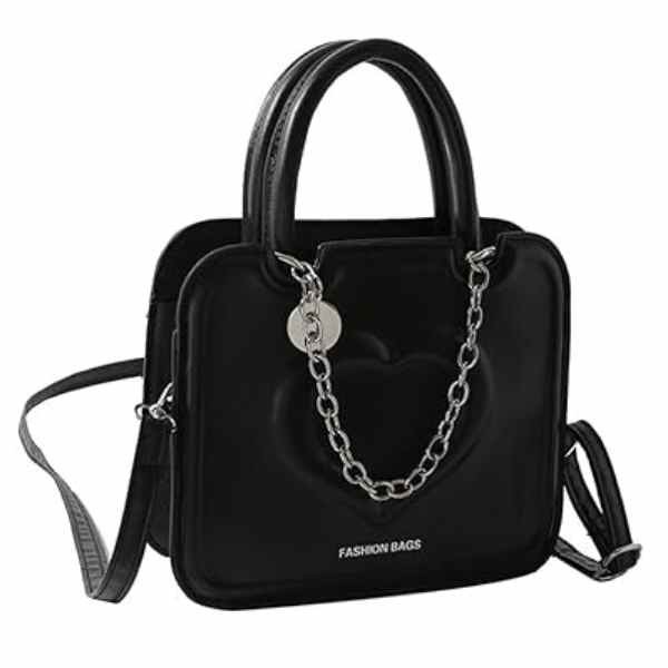 Geanta de Umar cu Lantic, Model cu Inimioara, Piele Ecologica, 19.5 cm x 16.5 cm x 6 cm, Negru