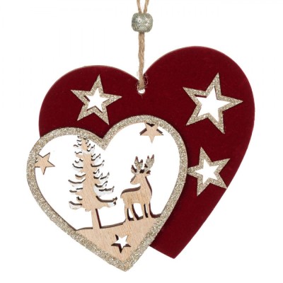 Ornament Brad Crăciun, Inimă Dublă, Lemn, Bordo, 11cm foto