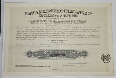 Actiune 500 lei Banca Marmorosch, Blank &amp;amp; Co. 1920 foto