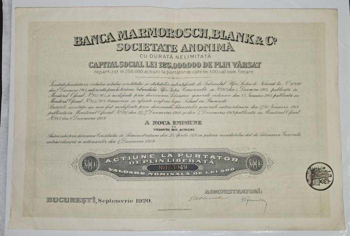 Actiune 500 lei Banca Marmorosch, Blank &amp; Co. 1920