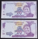 Malawi, 2 x 20 Kwacha 2012, UNC, Consecutive.