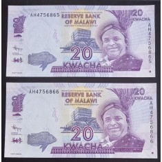 Malawi, 2 x 20 Kwacha 2012, UNC, Consecutive.