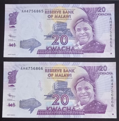 Malawi, 2 x 20 Kwacha 2012, UNC, Consecutive. foto