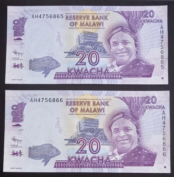 Malawi, 2 x 20 Kwacha 2012, UNC, Consecutive.