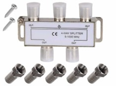 Spliter antenă TV, Active, multiplicator cablu coaxial RF, 4 Iesiri + 1 Intrare, mufe legatură incluse