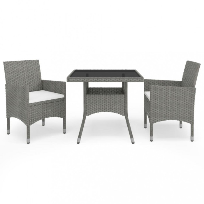 vidaXL Set de masă pentru grădină, 3 piese, gri, poliratan și sticlă 3058309