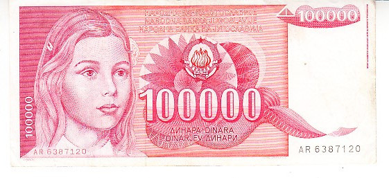 M1 - Bancnota foarte veche - Fosta Iugoslavia - 100000 dinarI - 1989