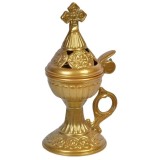 Cumpara ieftin Cadelnita Tamaie Greceasca cu Capac, Metal, 17.5cm, Maro-aramiu/Auriu/Gri/Argintiu
