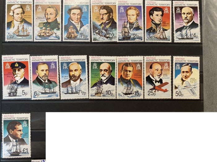 PC337 - Teritoriul Antarctic Britanic (BAT) 1973 Cercetatori/ Avioane/ Vapoare, serie MH, urme sarniera 15v