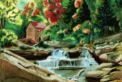 Cabana in padure - tempera pe hartie, pictura originala semnata 41x28cm foto