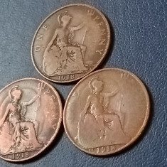 Lot 3 monede UK, serie completa 1918, One 1 Penny 1918 + RARE: 1918 H + 1918 KN