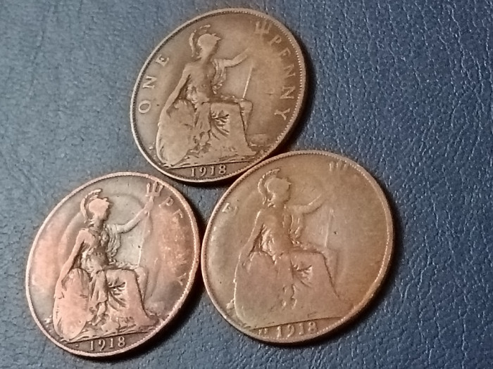 Lot 3 monede UK, serie completa 1918, One 1 Penny 1918 + RARE: 1918 H + 1918 KN
