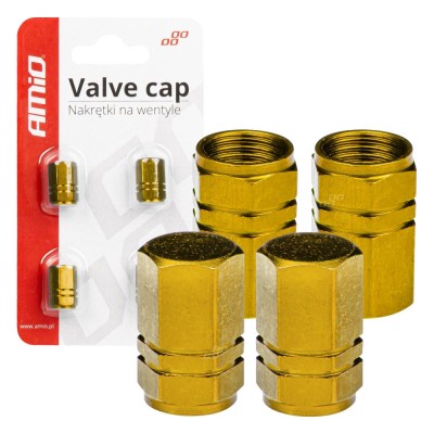 Set 4 capacele auto pentru ventil, din aluminiu, model Hexagon, culoare Galben foto