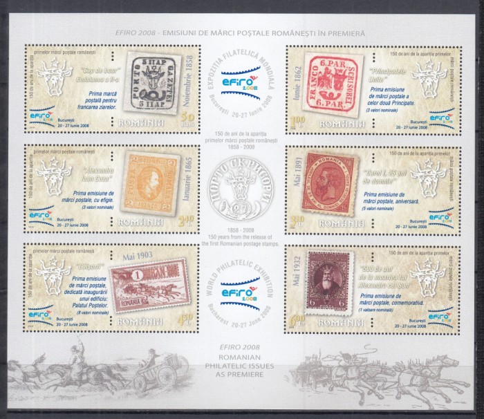 ROMANIA 2008 LP 1805 b EXPOZITIA MONDIALA EFIRO 2008 BLOC DE 6 TIMBRE MNH