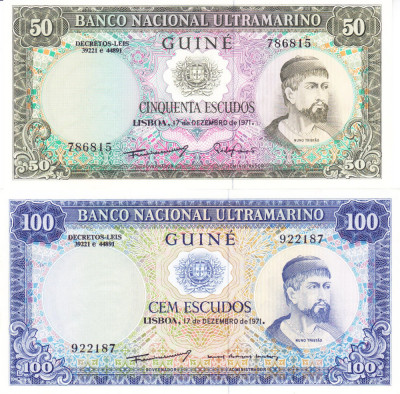 Bancnota Guineea Portugheza (Guineea Bissau) 50 si 100 Escudos 1971 - P44/45 UNC foto