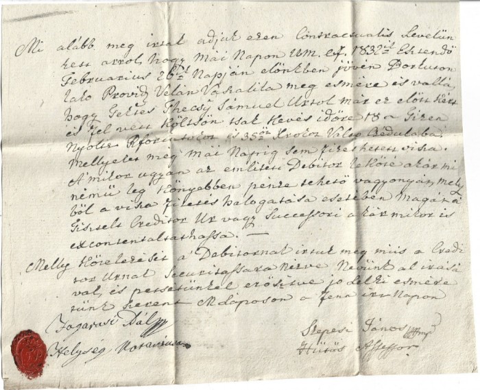 A3035N Locuitorul rom&acirc;n Velan Văsăliță din Borcut, &icirc;mprumut, T&acirc;rgu Lăpuș, Maramureș, anul 1832, limba maghiară, sigiliu &icirc;n ceară roșie