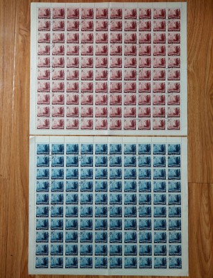 RO 1957 , LP 442 ,&amp;quot;Centenarul ind. petroliere&amp;quot;-2 val. in coli de 100,stampilate foto