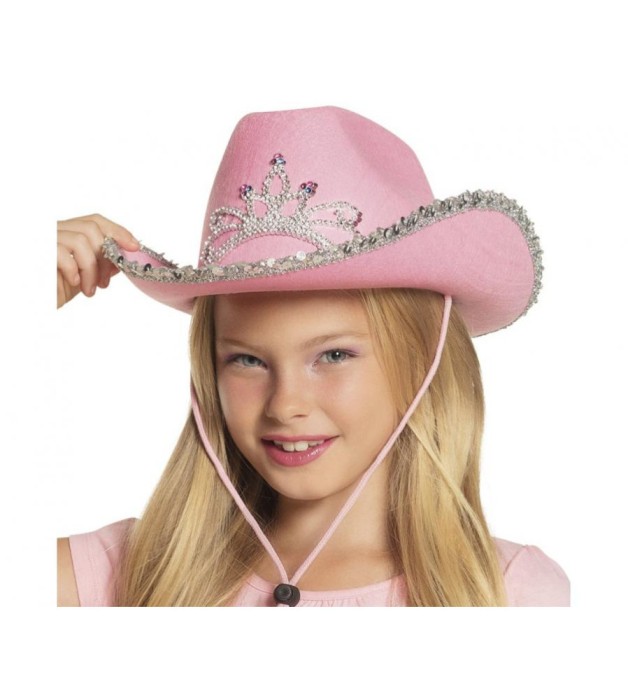 Palarie cowboy roz cu pietre aurii pentru fete (cowgirl)
