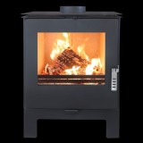 Soba moderna VERSO Rheia L, 5kW din oțel, design modern cu geam termorezistent, negru