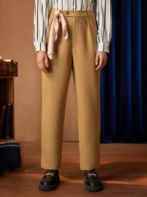 Pantaloni cu talie inalta si nasture, maro, dama, Shein foto