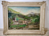 Ulei pe p&acirc;nză,dimensiuni mari &icirc;ncadrat &icirc;ntr-o ramă stil Baroc, reprezent&acirc;nd un peisaj pitoresc de munte