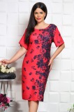 Cumpara ieftin Rochie Ocazie Yves, Imprimeu Floral, Crepe Elastic, Maneca 3/4, Rosu - Marimea 50, Lungime 116cm