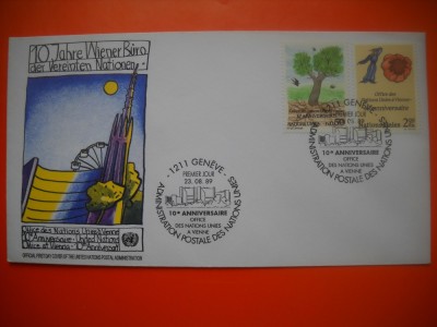 HOPCT PLIC FDC S NR 471 ANIVERSARE 10 ANI POSTA ONU 1989 ONU NATIUNILE UNITE-BIROUL GENEVA ELVETIA foto