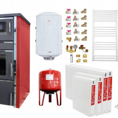 Pachet incalzire si apa calda 3 camere Termosemineu FORNELLO AVANOS 32 kw Red pe combustibil solid lemn,carbune,bricheti , cos inox, boiler termoelect