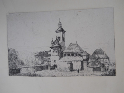 Gravura acvaforte,Maria Radian &amp;quot;Manastirea Neamt&amp;quot;,1882 foto