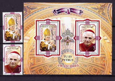 ✅RO 2005 ,LP 1690 + bloc 1690a ,&amp;quot; Nou pontificat - Benedict al XVI-lea &amp;quot;,359,MNH foto