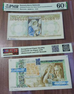REPRODUCERE pe hartie cu filigran si fire UV proiect bancnota 00000 lei 1946 foto