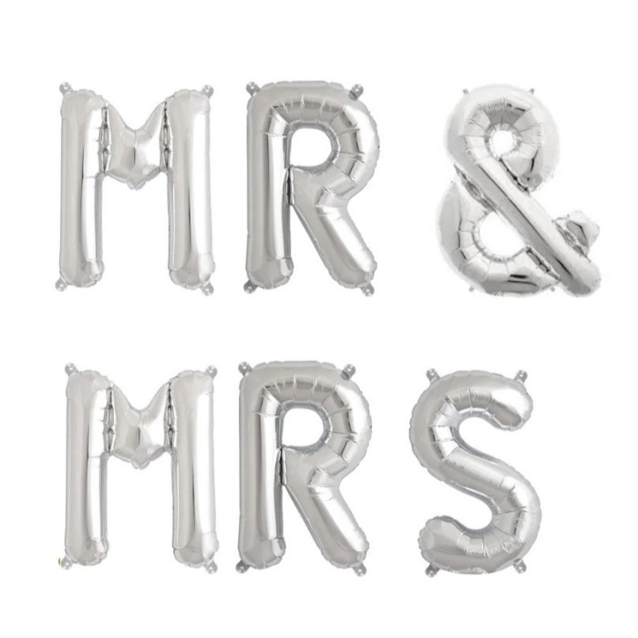 Set baloane din folie metalizata, flippy, figurine litere, model mr&amp;mrs, tema nunta, 40 cm, baloane party, ambalaj individual, pai inclus, umflare cu