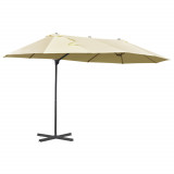 Cumpara ieftin Outsunny Umbrelă Dublă pentru Grădină, Metal și Poliester Anti-UV Impermeabil, 440x270x250cm, Crem, Ideal pentru Exterior | Aosom Romania