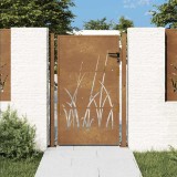 Poartă Grădină vidaXL 105x130cm Oțel Corten, Model Iarbă, Maro, Sistem Blocare, Gard Curte, Rezistentă