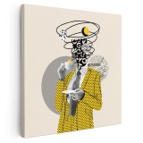 Tablou pop art colaj barbat costum galben cu cafea, galben 1403 Tablou canvas pe panza CU RAMA 100x100 cm
