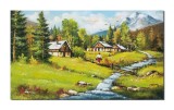 Cumpara ieftin Tablou peisaj de la munte cu case taranesti si fantana cu cumpana pictat manual, La bunici, 100x60cm ulei pe panza Constantin Feraru