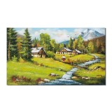 Tablou peisaj de la munte cu case taranesti si fantana cu cumpana pictat manual, La bunici, 100x60cm ulei pe panza Constantin Feraru