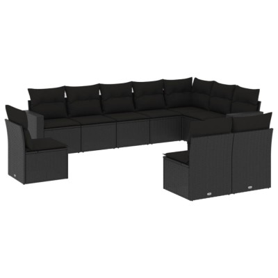 Set canapele de gradina cu perne, 10 piese, negru, poliratan foto