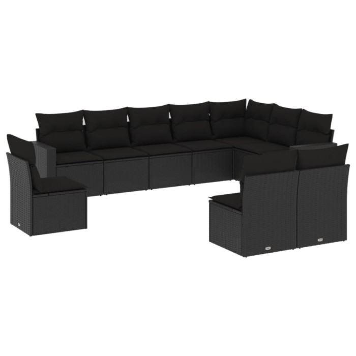 Set canapele de gradina cu perne, 10 piese, negru, poliratan