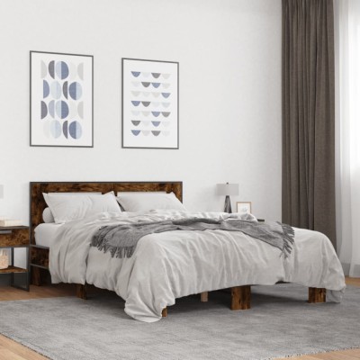 vidaXL Cadru de pat, stejar afumat 135x190 cm lemn prelucrat și metal foto