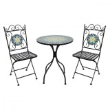 Set 2 scaune pliabile si masa fier forjat negru decorata cu mozaic albastru galben &Oslash; 60 cm x 72 h Elegant DecoLux, Clayre &amp; Eef